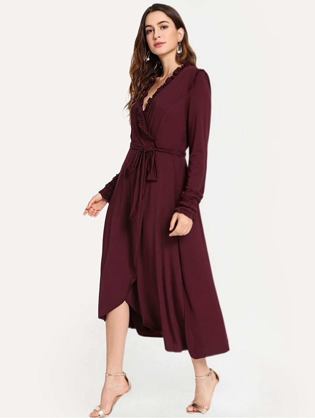 Ruffle Wrap Midi Dress – Elegant Long Sleeve Tie Waist