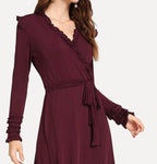 Ruffle Wrap Midi Dress – Elegant Long Sleeve Tie Waist
