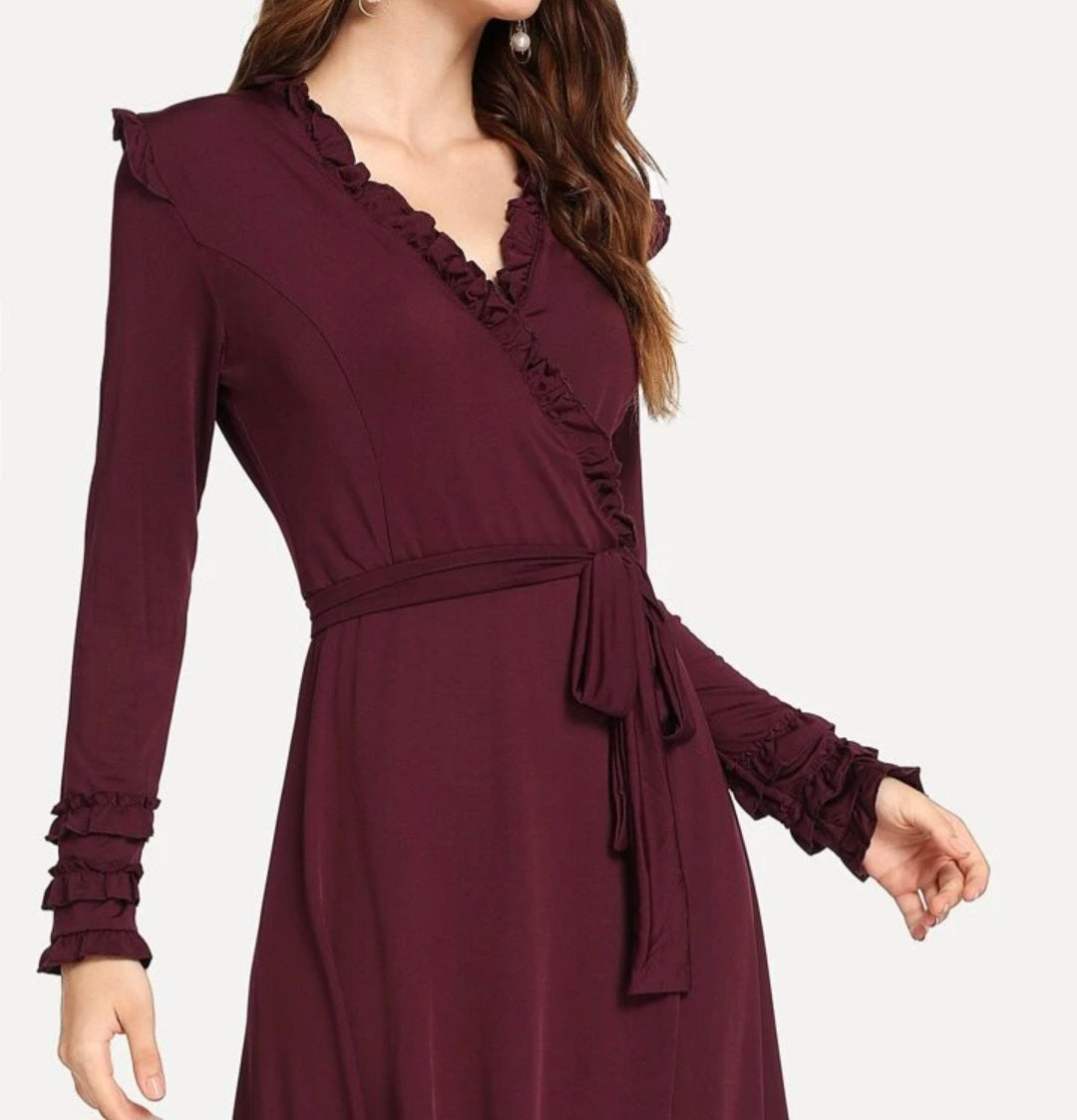 Ruffle Wrap Midi Dress – Elegant Long Sleeve Tie Waist