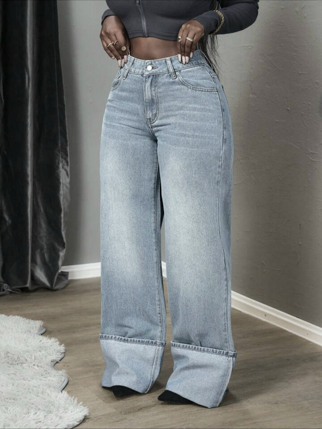Grey Wide Leg Turn-Up Hem Jeans - FA-4623