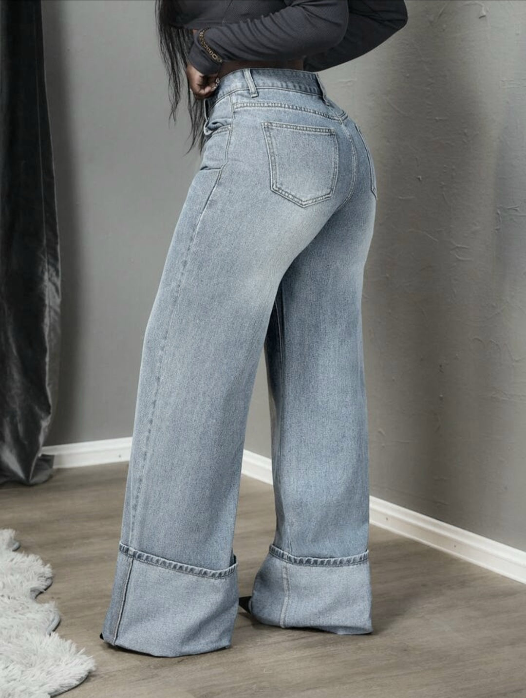 Grey Wide Leg Turn-Up Hem Jeans - FA-4623