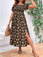 Shirred A-line Midi Floral dress