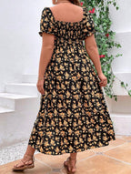 Shirred A-line Midi Floral dress