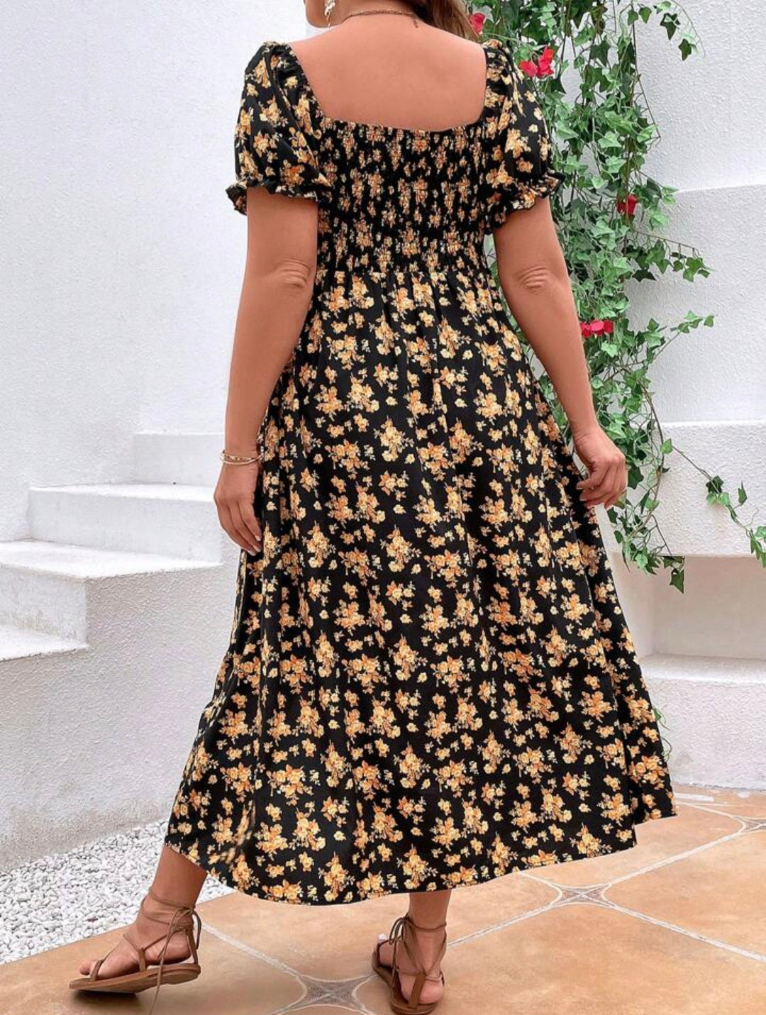 Shirred A-line Midi Floral dress