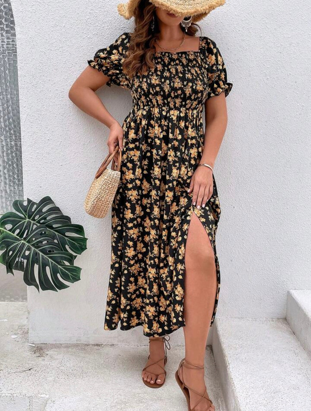 Shirred A-line Midi Floral dress