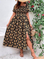 Shirred A-line Midi Floral dress