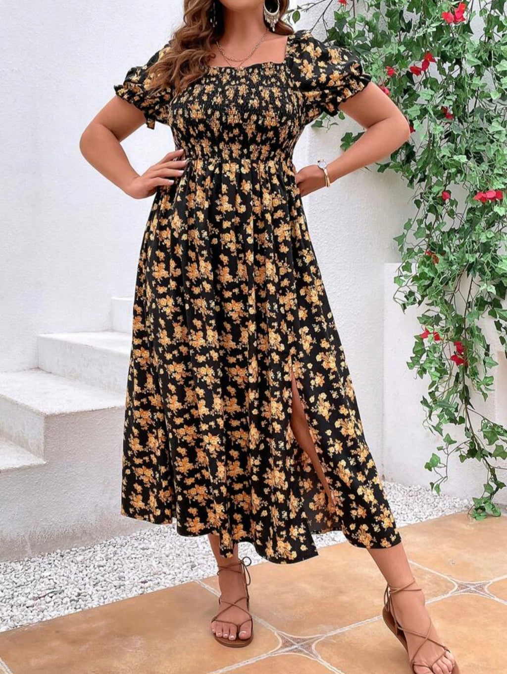 Shirred A-line Midi Floral dress