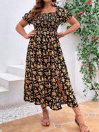 Shirred A-line Midi Floral dress