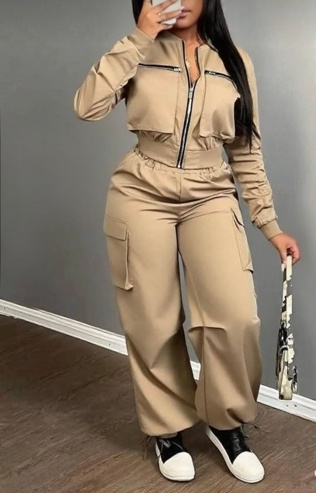 Zip Front Cargo Two-Piece Set for Women