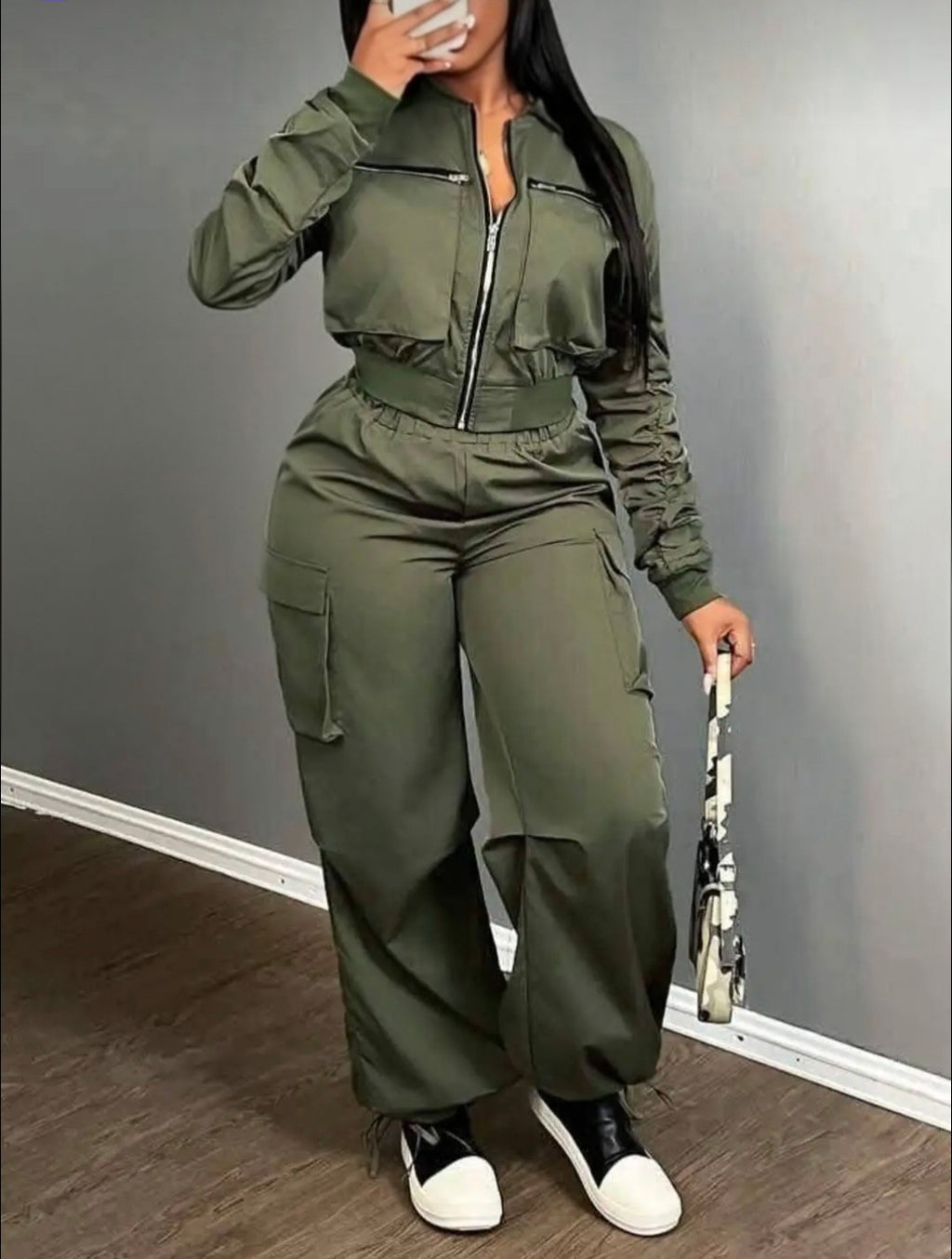 Zip Front Cargo Two-Piece Set for Women