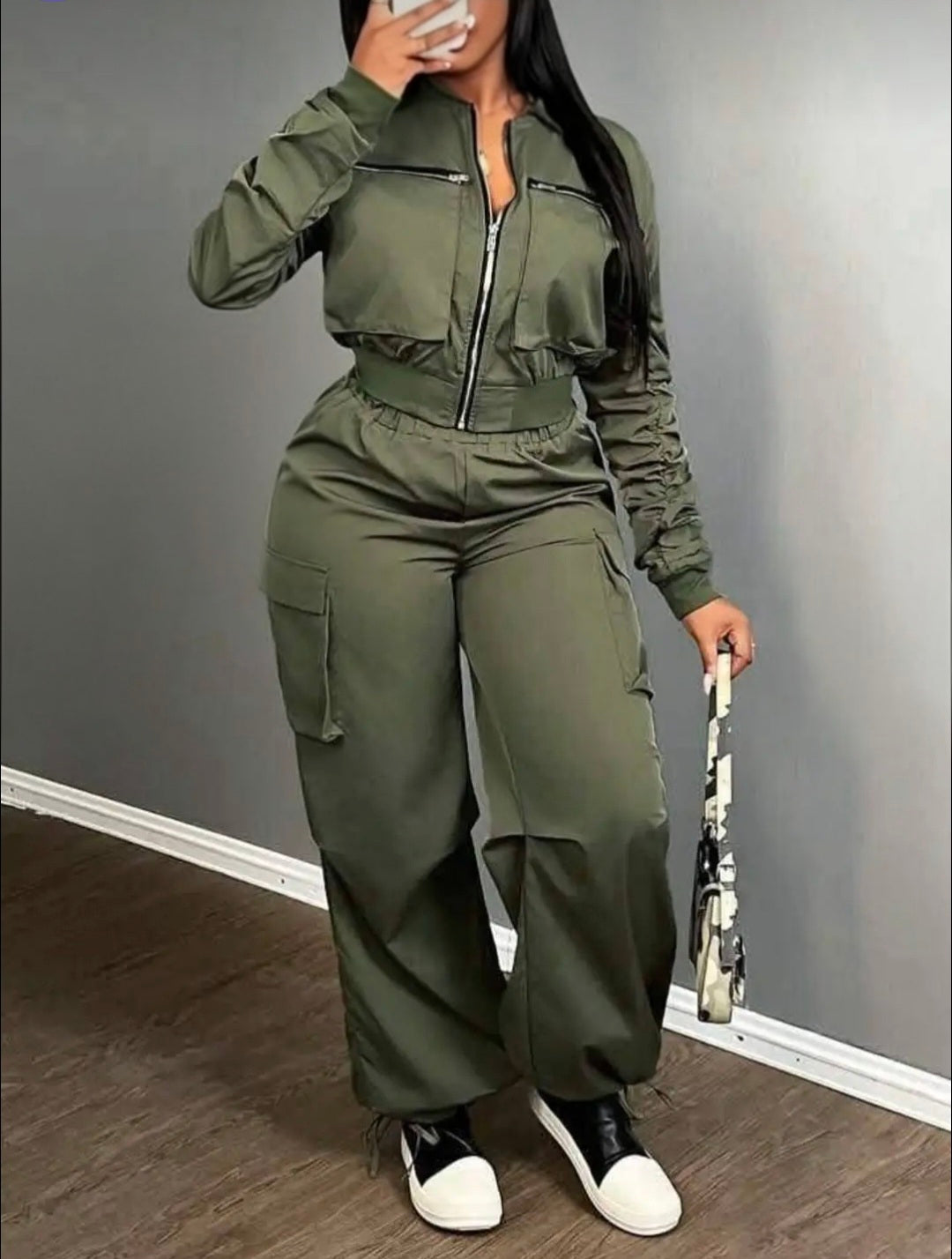 Zip Front Cargo Two-Piece Set for Women