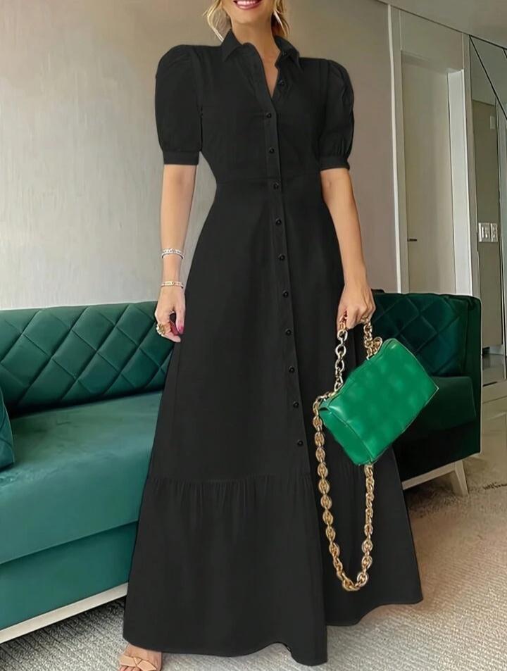 Black Short Puff Sleeve Maxi Dress without Belt