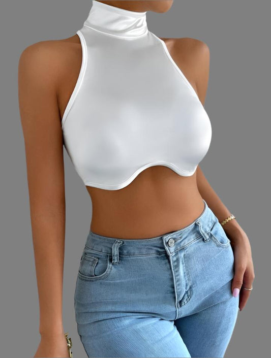 Asymmetrical Satin Turtle Neck Cropped Top