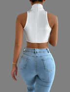 Asymmetrical Satin Turtle Neck Cropped Top