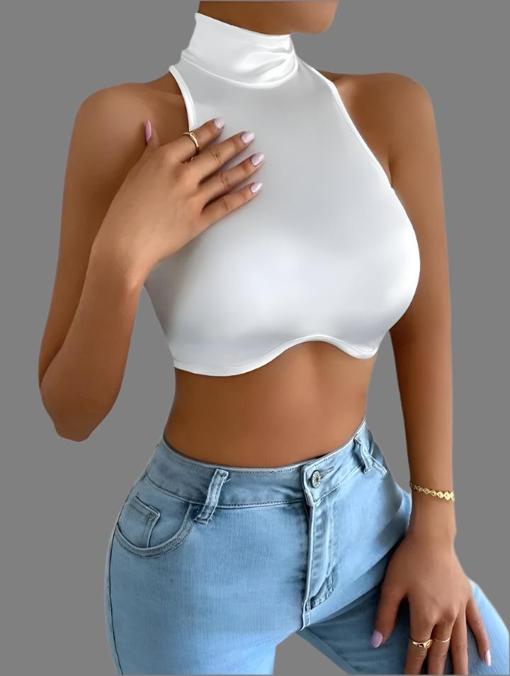 Asymmetrical Satin Turtle Neck Cropped Top