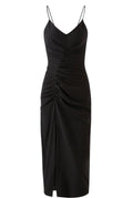 Black Spaghetti Strap Ruched Midi Dress