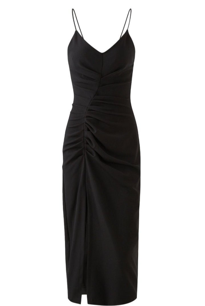 Black Spaghetti Strap Ruched Midi Dress