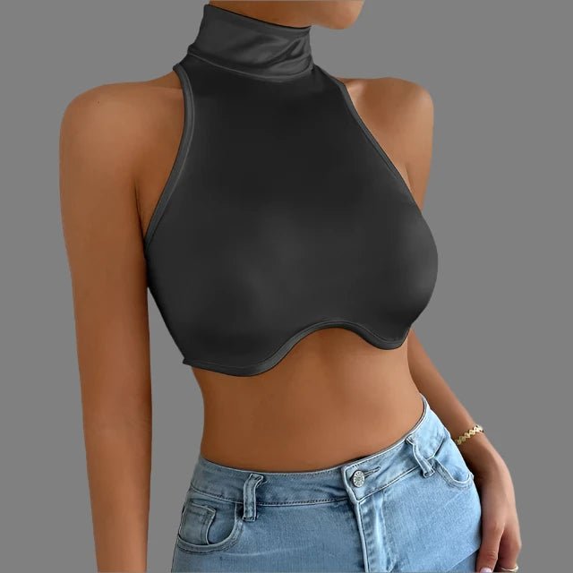 Asymmetrical Satin Turtle Neck Cropped Top