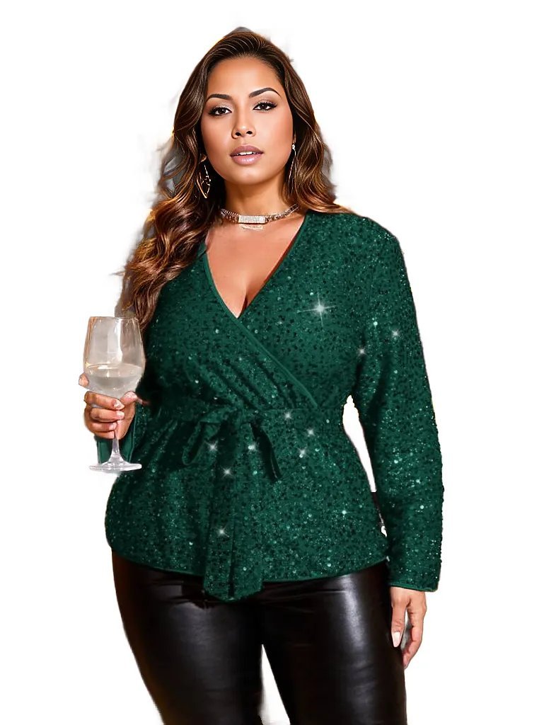 Sequins Flare Out Frill Blouse with Belt XD21