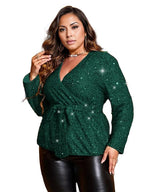 Sequins Flare Out Frill Blouse with Belt XD21