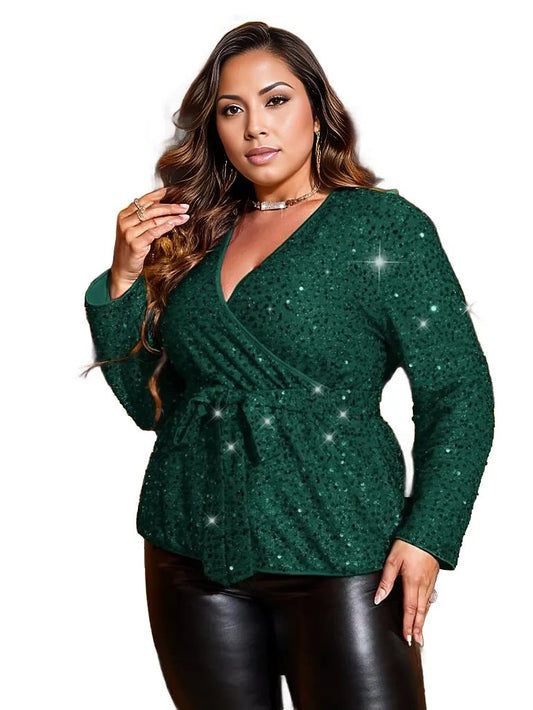 Sequins Flare Out Frill Blouse with Belt XD21
