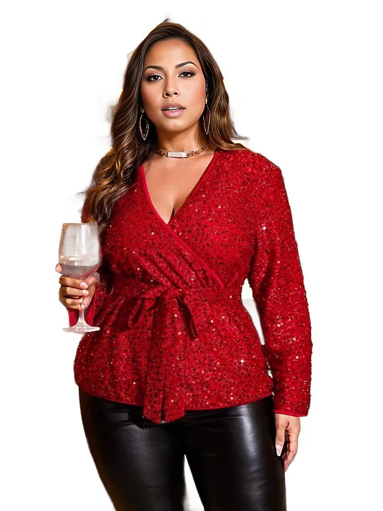Sequins Flare Out Frill Blouse with Belt XD21