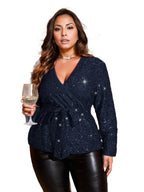 Sequins Flare Out Frill Blouse with Belt XD21