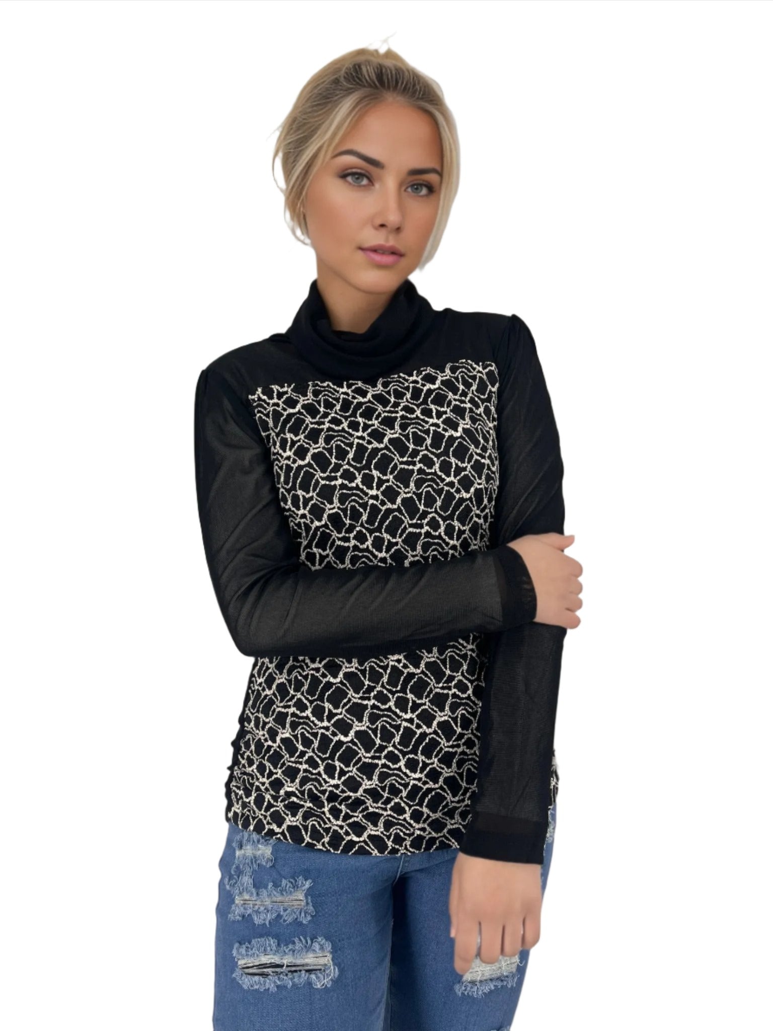 Sheer Pattern Turtle Neck Top - XD21