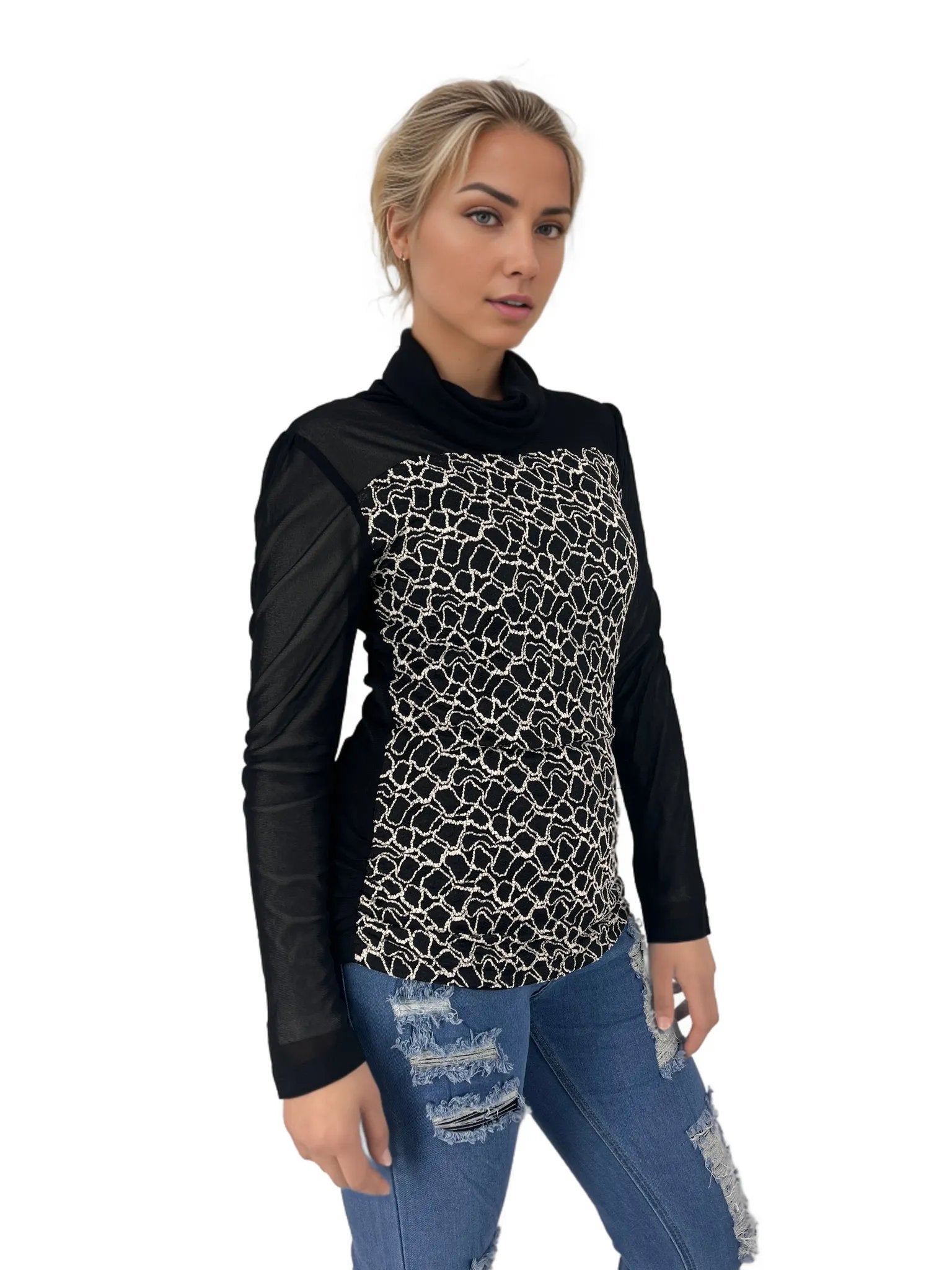 Sheer Pattern Turtle Neck Top XD21