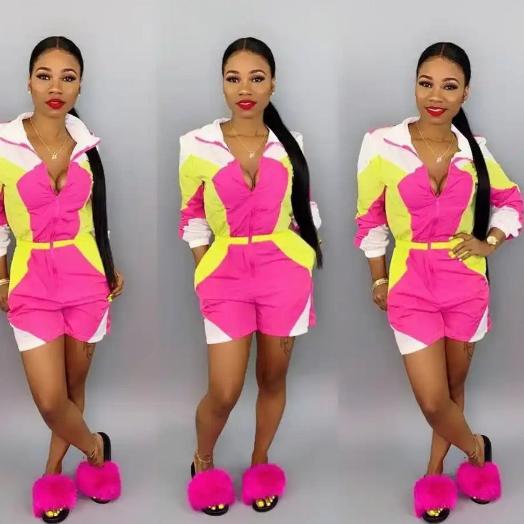 Sheer front zipper shorts romper jumpsuit XD21