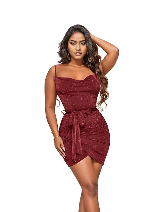 Shiny Belted Sleeveless Hip Bodycon Mini Dress XD21