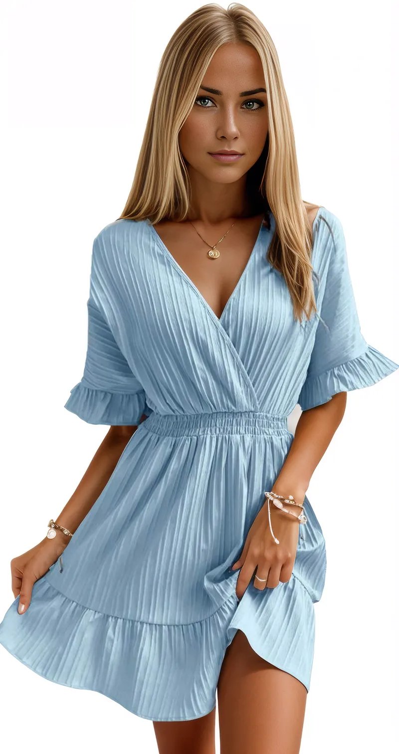 Short Flounce Sleeve Ruffle Hem Short Mini Dress XD21