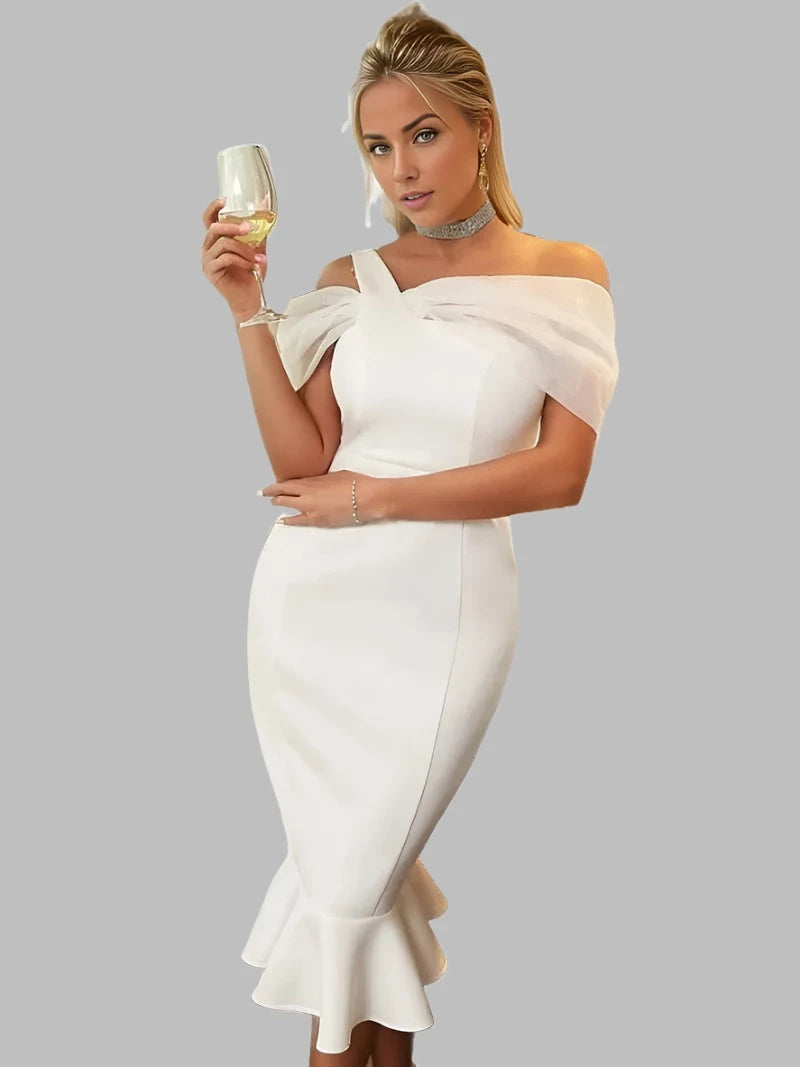 Short Mesh Solid Elegant Ruffle Boning Midi Cocktail Dress XD21