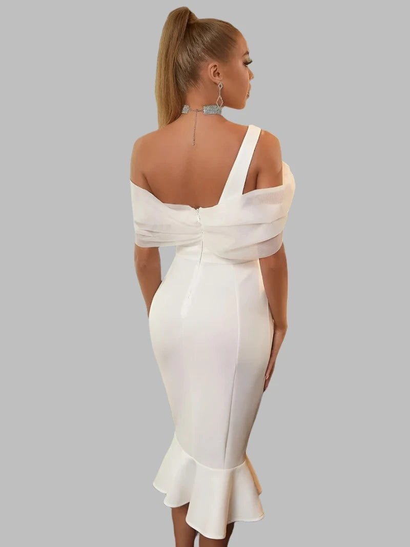 Short Mesh Solid Elegant Ruffle Boning Midi Cocktail Dress XD21