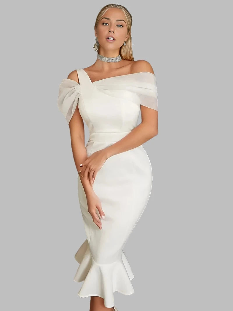 Short Mesh Solid Elegant Ruffle Boning Midi Cocktail Dress XD21
