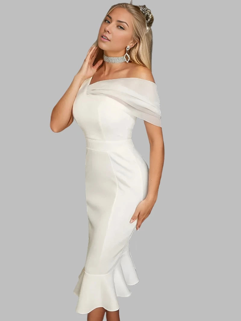 Short Mesh Solid Elegant Ruffle Boning Midi Cocktail Dress XD21