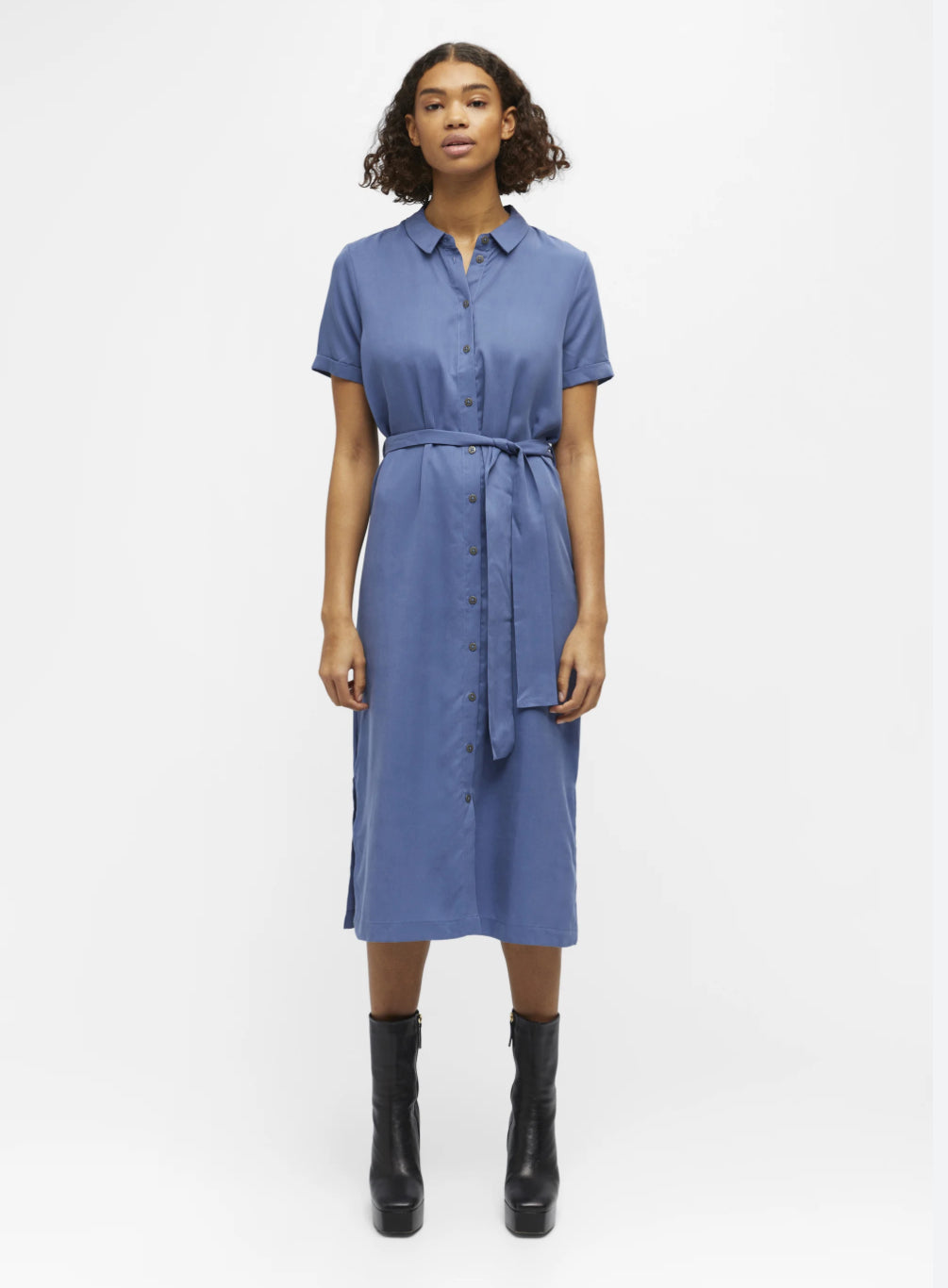 Short Sleeve Button Up Midi Shirt Dress With Belt XD21