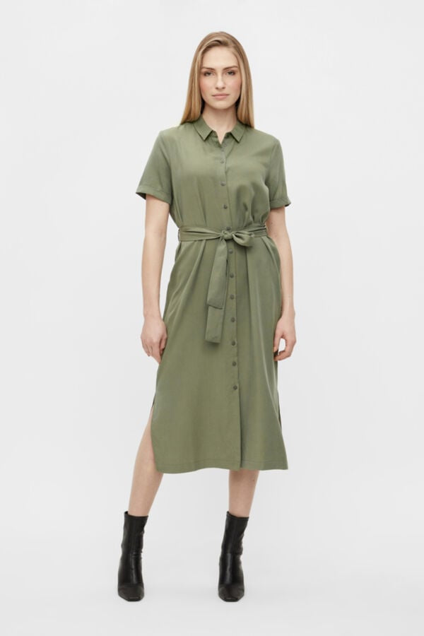 Short Sleeve Button Up Midi Shirt Dress With Belt XD21