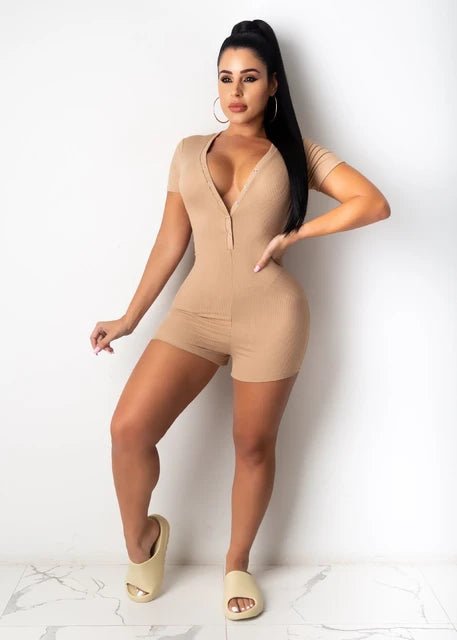 Short Sleeve Deep V-neck Buttons Up One-piece XD21