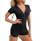 Short Sleeve Deep V-neck Buttons Up One-piece XD21