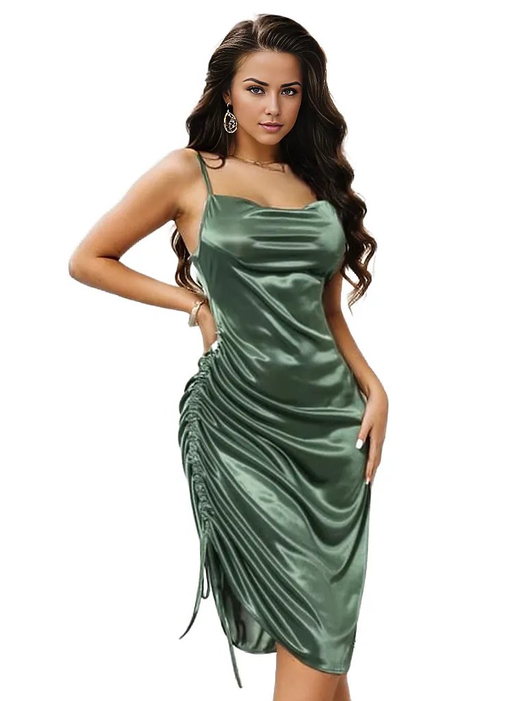 Silky Ruched Drawstring Midi Dress(Need Orange image) XD21