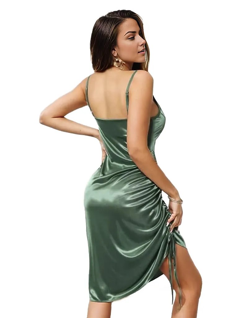 Silky Ruched Drawstring Midi Dress(Need Orange image) XD21