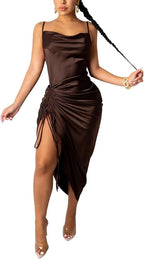 Silky Ruched Drawstring Midi Dress(Need Orange image) XD21
