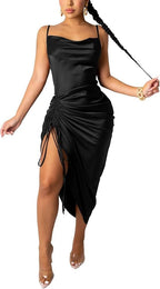Silky Ruched Drawstring Midi Dress(Need Orange image) XD21