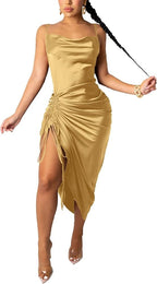Silky Ruched Drawstring Midi Dress(Need Orange image) XD21