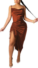 Silky Ruched Drawstring Midi Dress(Need Orange image) XD21