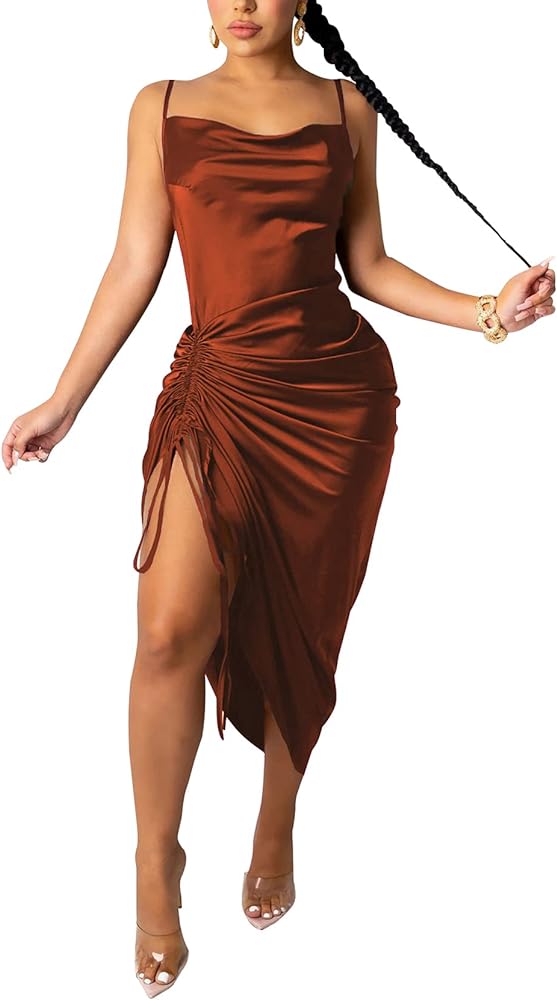 Silky Ruched Drawstring Midi Dress(Need Orange image) XD21