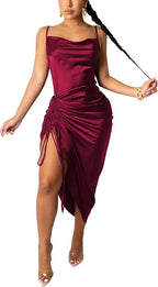 Silky Ruched Drawstring Midi Dress(Need Orange image) XD21