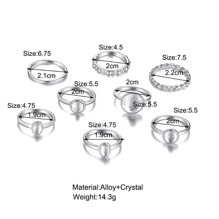 Simple Retro Round Gemstone Ring Set 8pc XD21