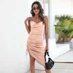 Slanted Satin Spaghetti Straps Cowl Neck XD21